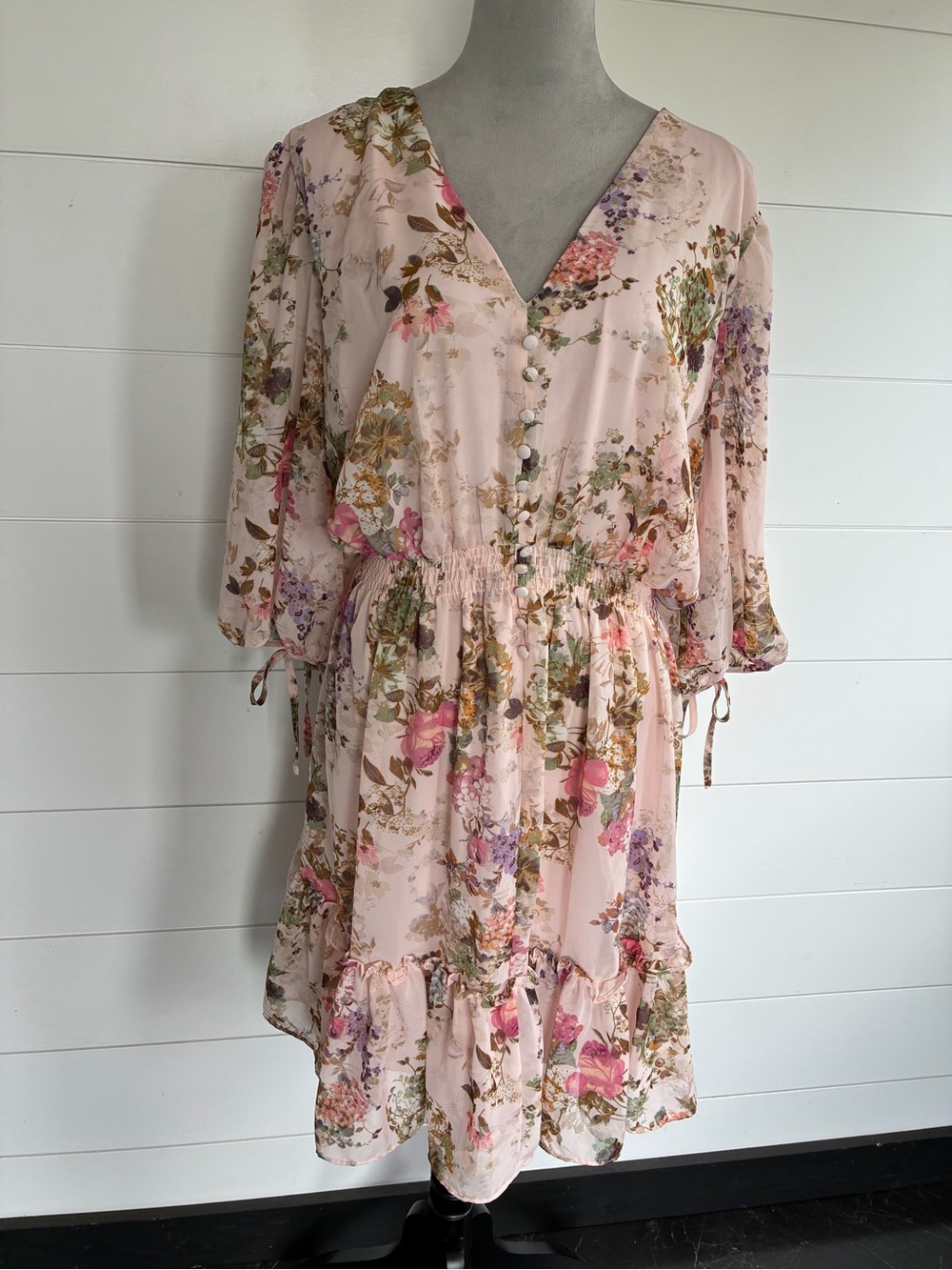 Taylor Floral Chiffon A-Line Dress 22W Pink Knee Length V-Neck Balloon Sleeve - Picture 3 of 11